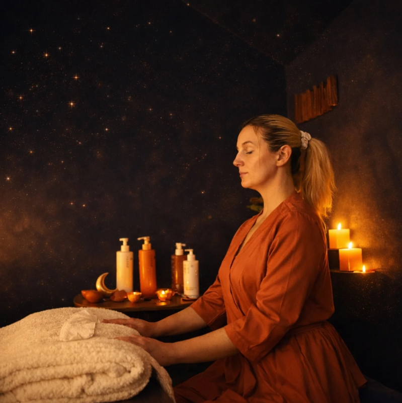 Therapist preparing the treatment room at Eluna Skin Rituals