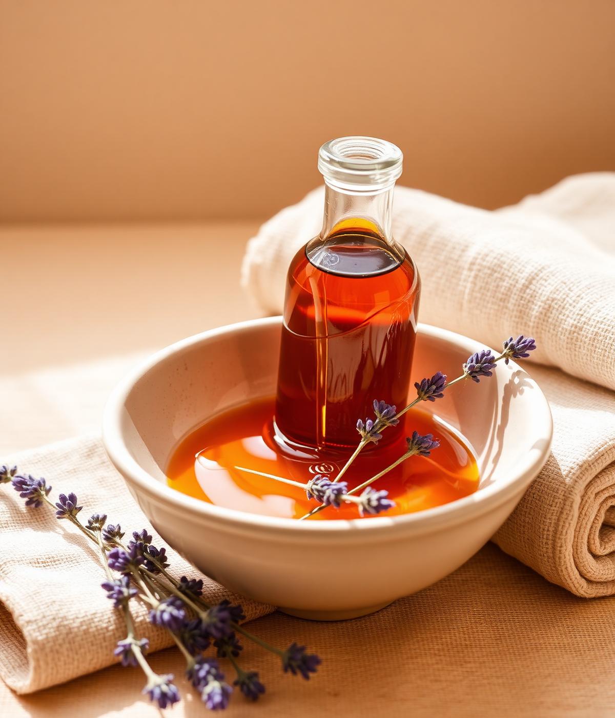 Warm massage oil and dried lavender in a ceramic bowl